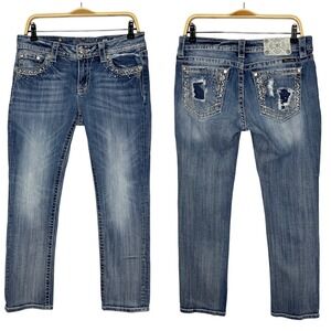 Miss Me Jeans Size 31x31 Straight Leg Blue Denim Distressed Embellished Pockets